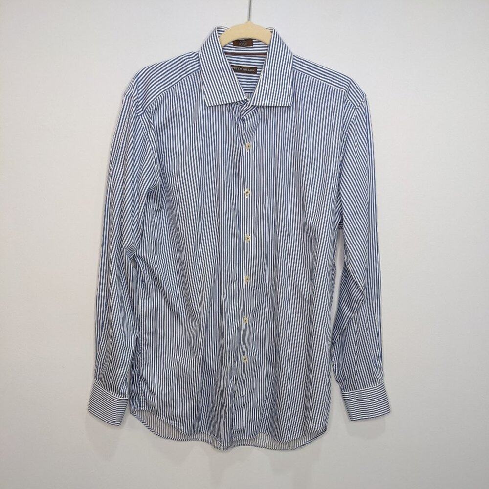 Peter Millar Mens Large Cotton Blue White Striped Button Dress Shirt Long Sleeve